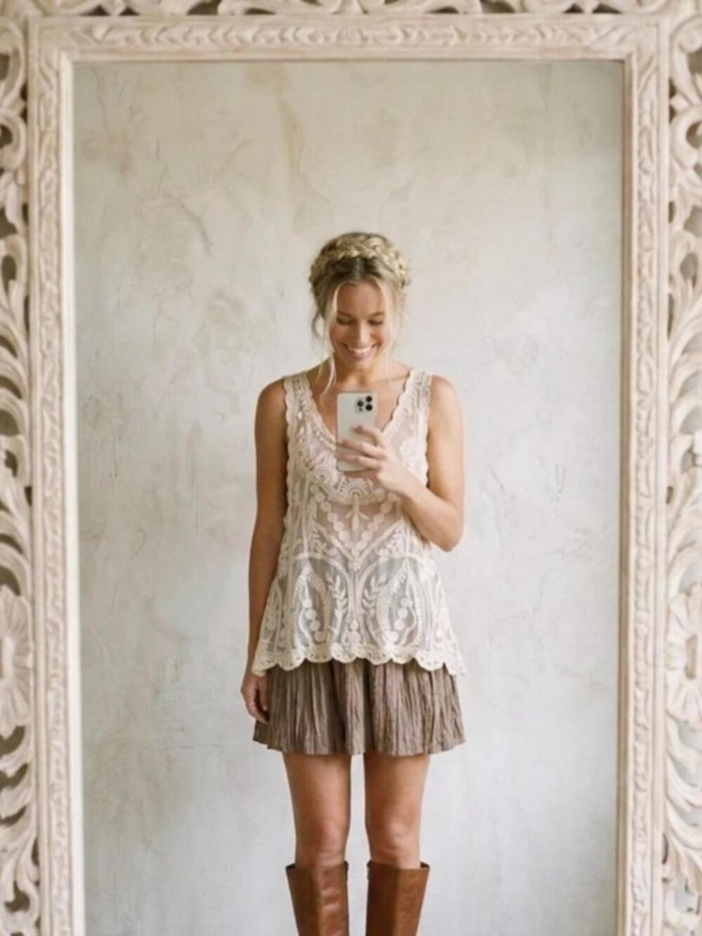Love Tree Cream Sheer Lace Tank Top Boho Layering Cami L NWOT